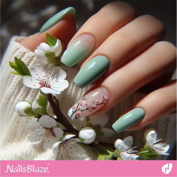 Mint Green Nails Cherry Blossoms Design | Spring Nails - NB3864